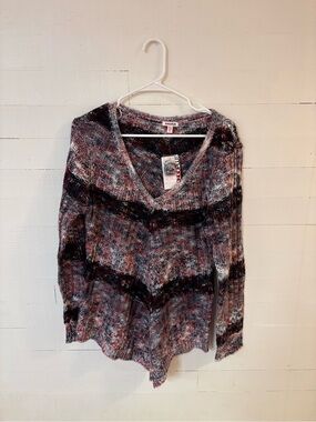 Bongo Plus 1X Marled Striped Swing Sweater Asymmetrical Hem NWT